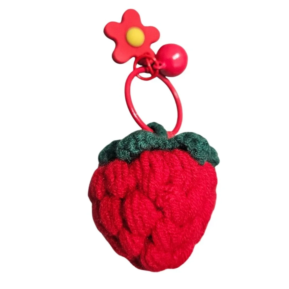Handmade Crochet Strawberry Keychain Red Fruit Bag Charm Flower Bead Accent 4in